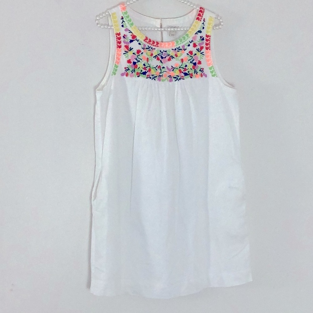 J.Crew White Linen/Cotton Blend Short Dress Pockets Colorful Flower Rainbow Top
